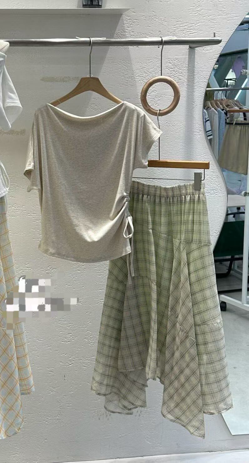LU6355 綠色格紋長裙套裝