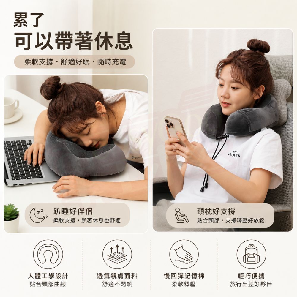 側邊袋U型枕 灰色/藍色｜ 記憶棉頸枕 旅行頸枕 午睡枕 飛機枕 護頸枕 車用靠枕 辦公室午休【輕鬆購五金百貨】