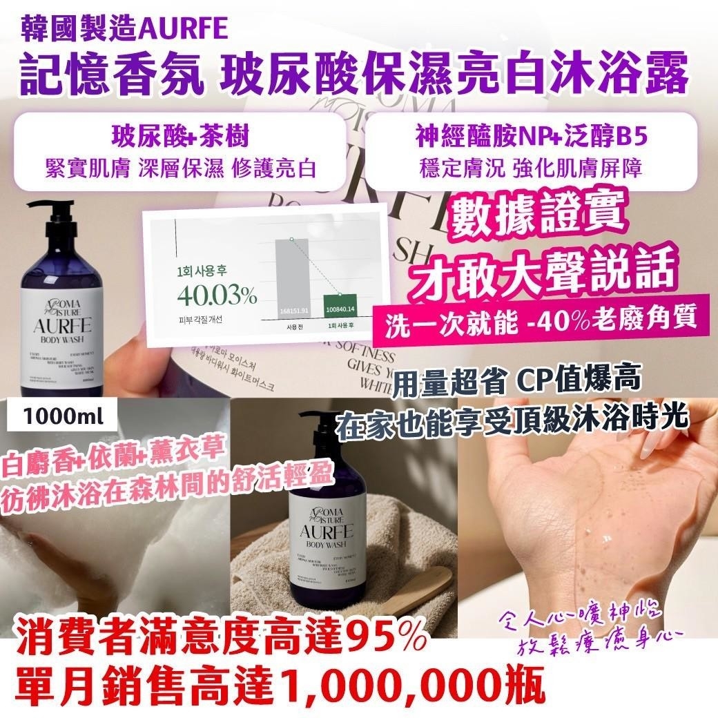 🛁 韓國製造  AURFE 記憶香氛 玻尿酸保濕亮白沐浴露  1000ml