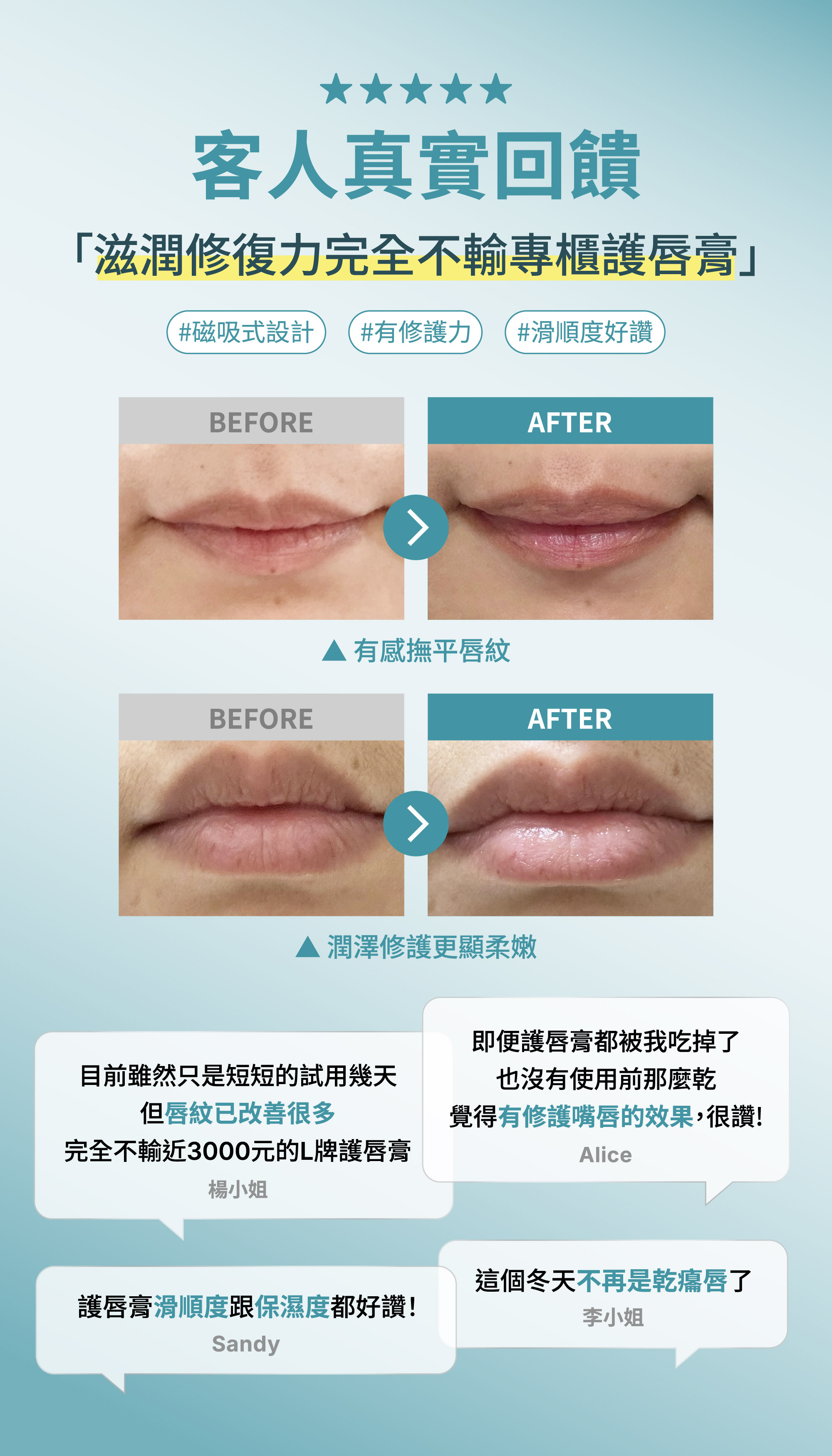 Z研護唇膏客人真實回饋，使用前後唇紋改善、保濕度提升對比