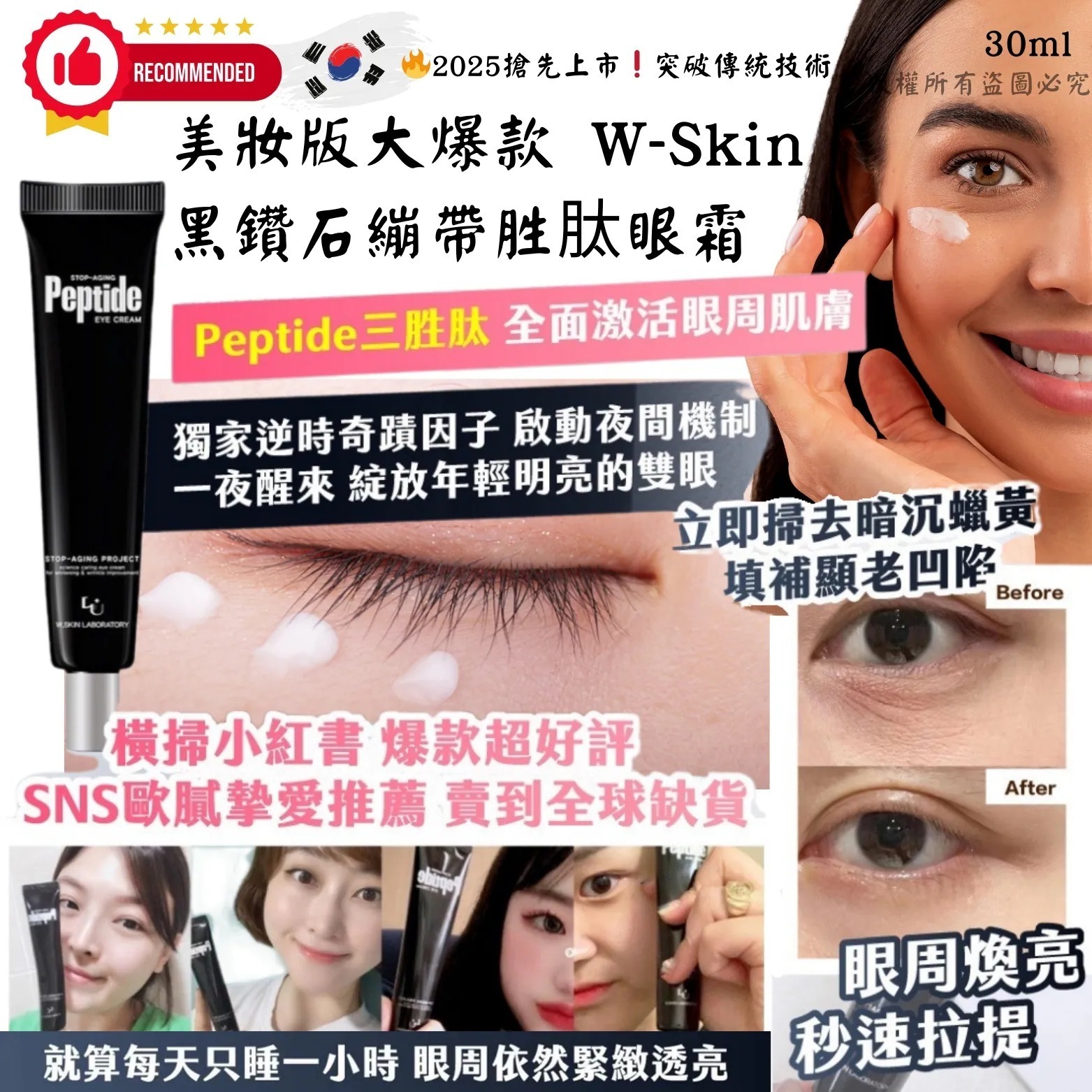 [D3253] [限量現貨] (J46) 韓國美妝版大爆款 W-Skin 黑鑽石繃帶胜肽眼霜 30ml