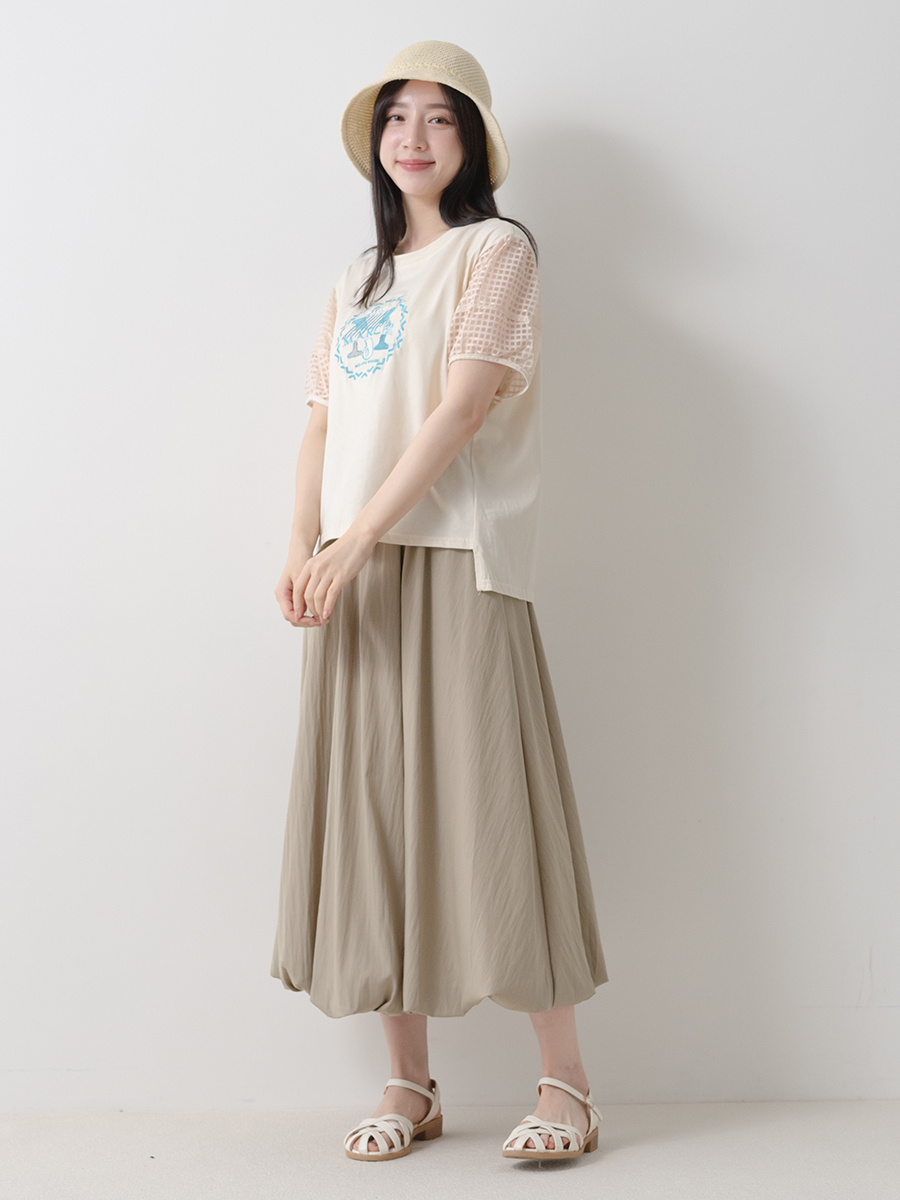 格紋花苞袖竹節棉上衣雲朵花苞長裙組合
