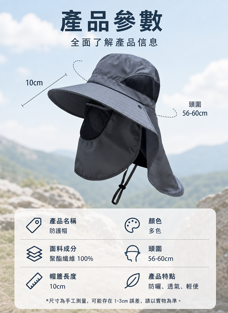 夏天必備-UPF50+防紫外線戶外登山遮臉護頸大帽 CA002