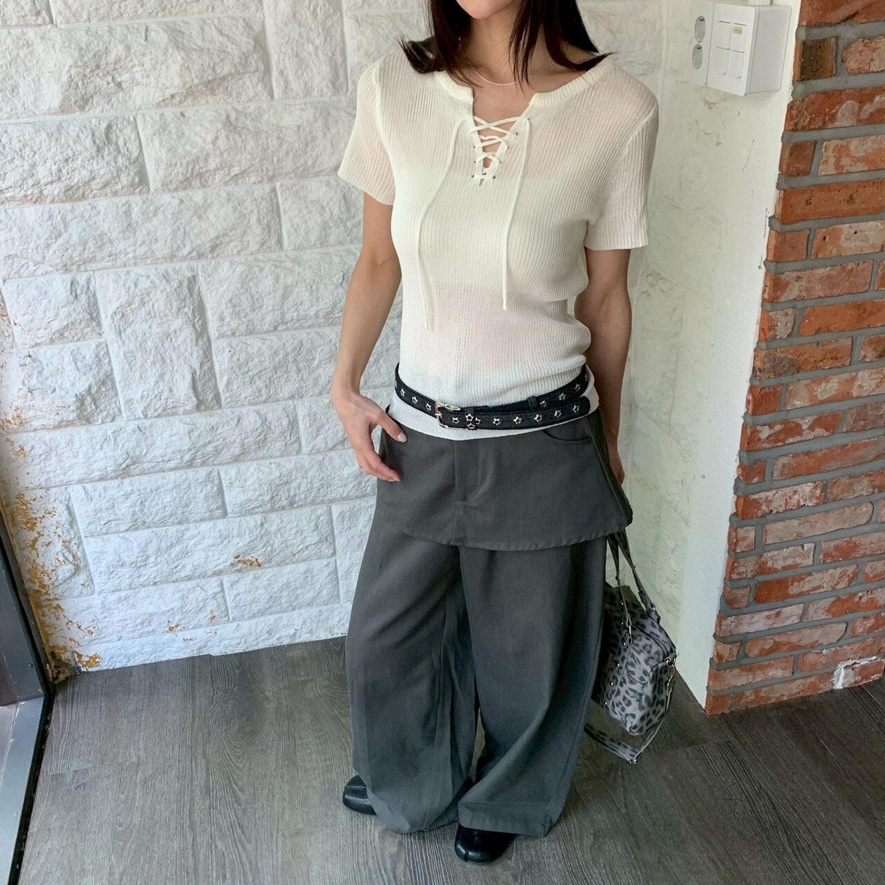 ISA_歐膩速成! 高智層次感假二件襯裙寬褲_63099