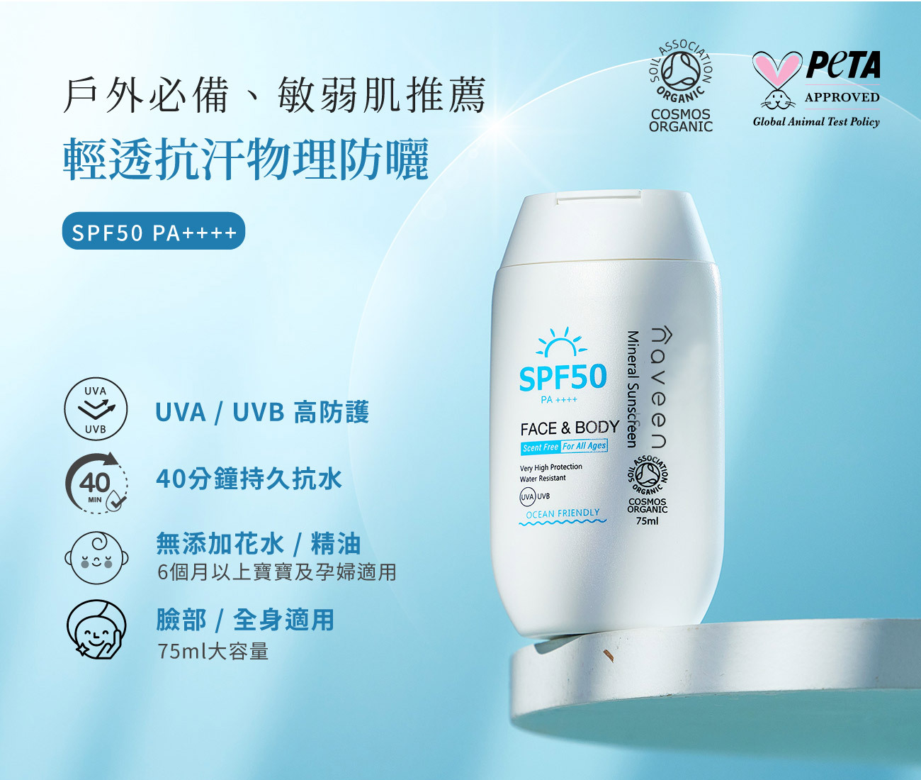 NAVEEN輕透抗汗物理防曬，SPF50 PA ++++高係數過濾紫外線，預防曬紅曬傷、光老化