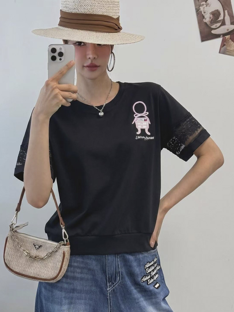 甜美減齡氣質短袖系列★蕾絲袖拼接刺繡女孩上衣
