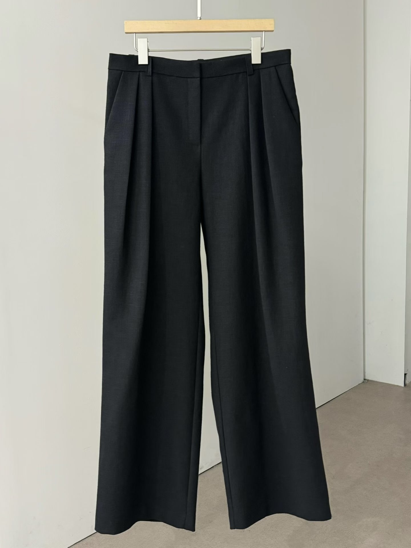 Linen-blend wide legs pleated trosuers