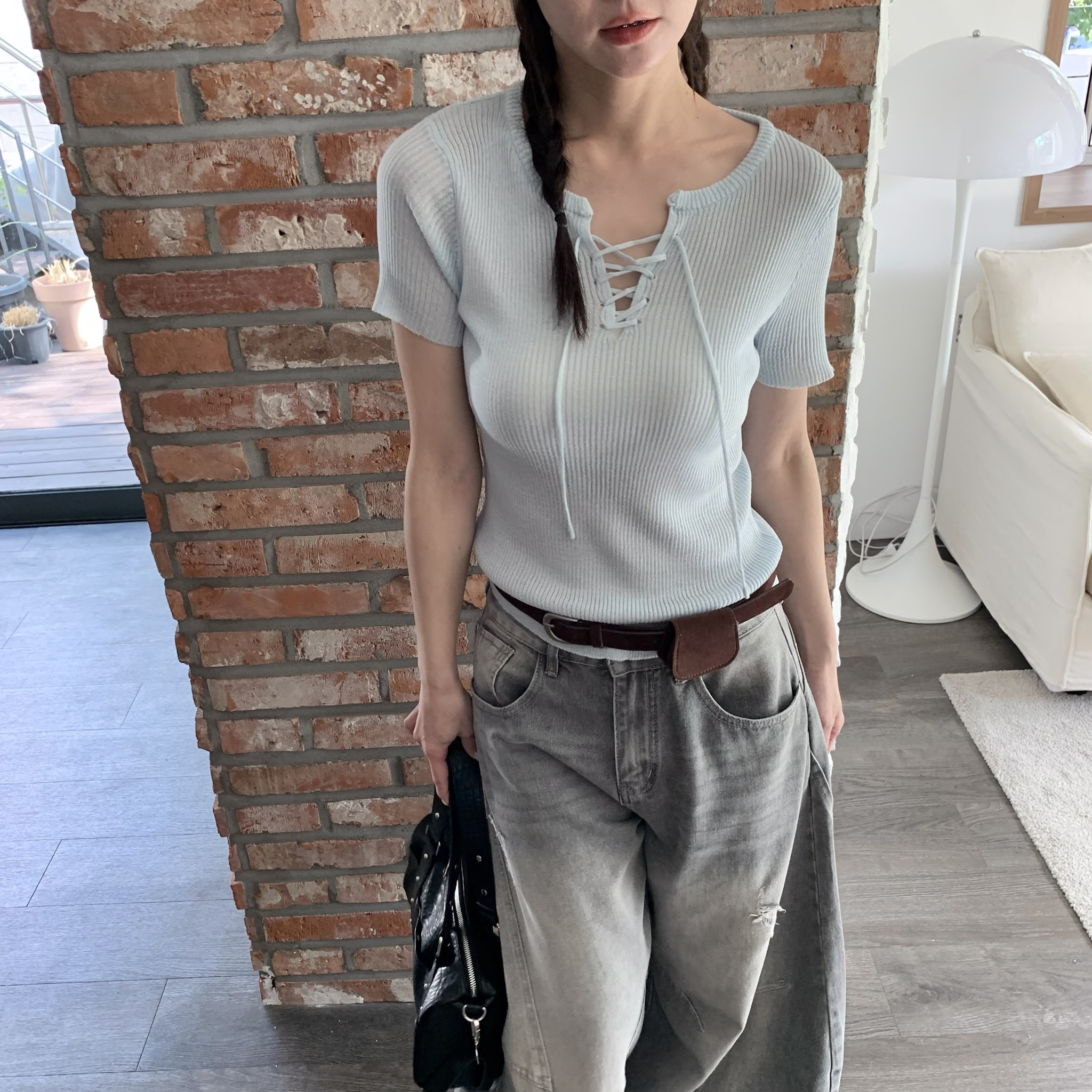 ISA_慵懶輪廓 交叉綁帶透肌感針織上衣_64029
