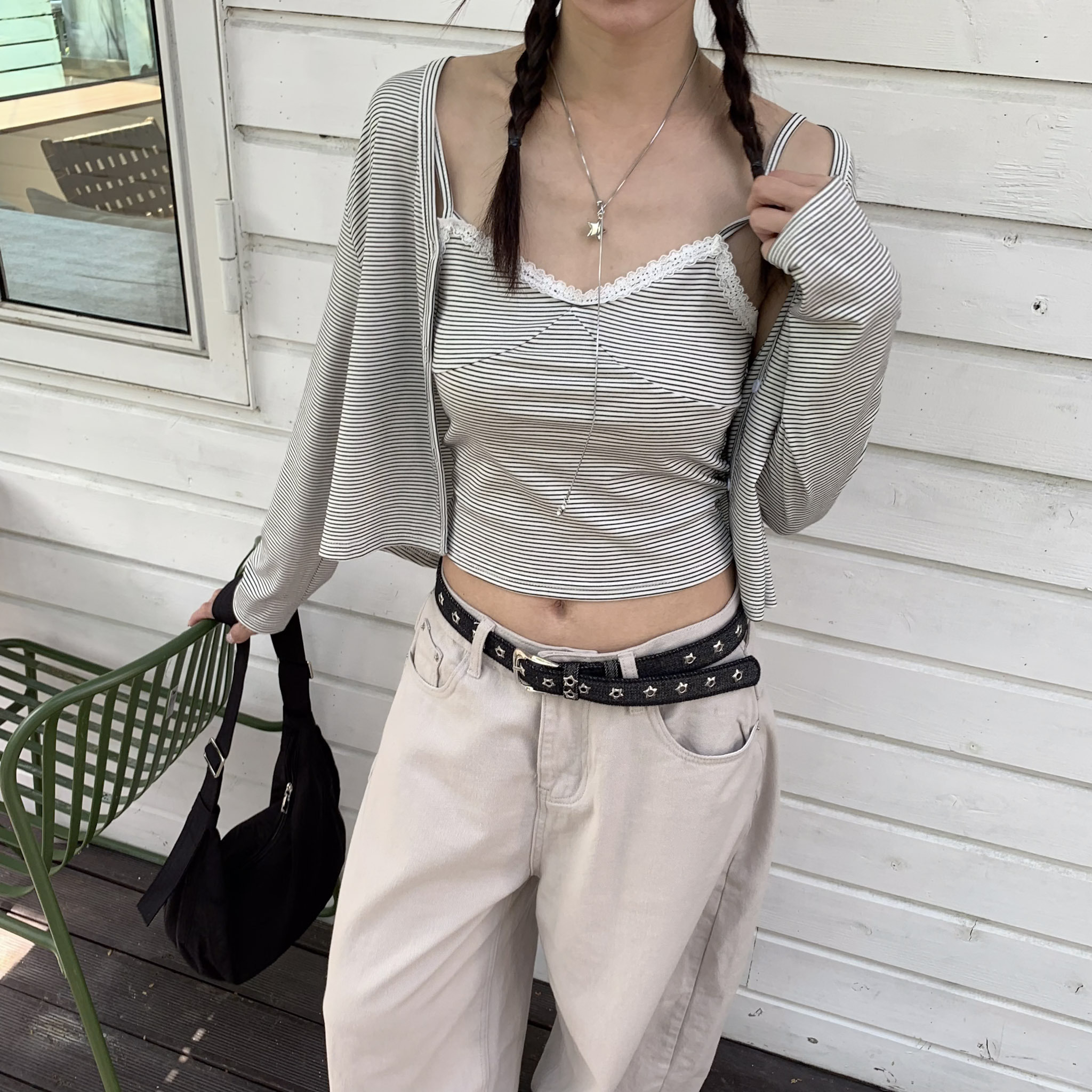 ISA_條紋千層 奶油花邊(1+1)背心排釦套裝_64047