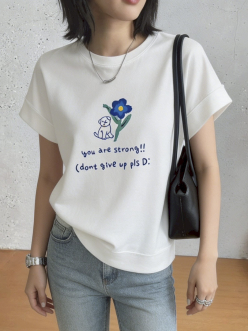 文青插畫休閒穿搭系列★小花狗狗刺繡棉T