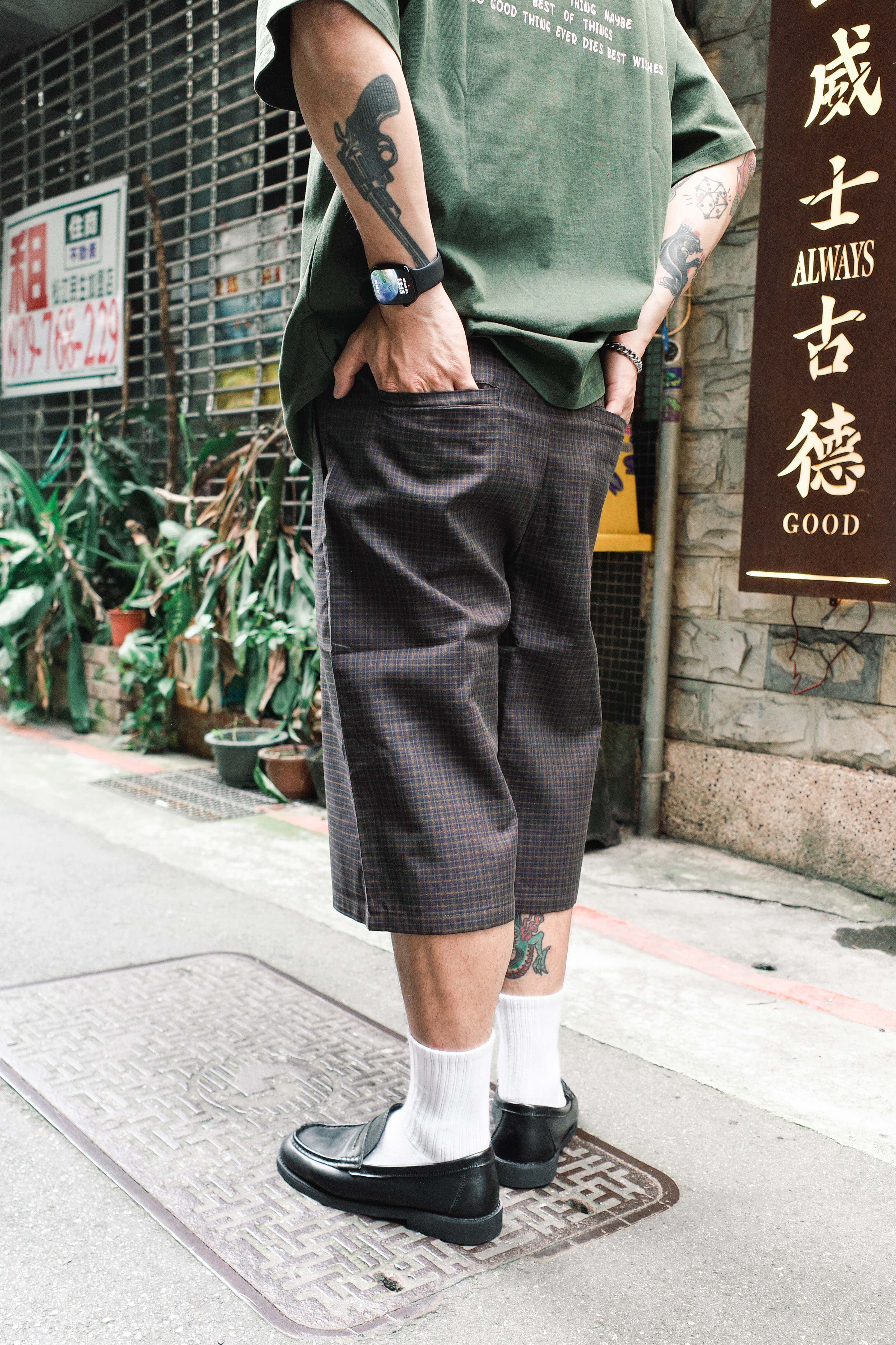 『Always_Good』復古 細格紋 鬆緊腰 六分 短褲