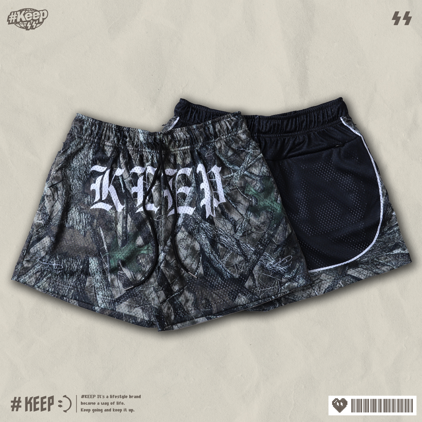 #KEEP SHADOW CAMO SHORTS 黑 綠 滿版 抽繩 網眼 膝上 運動 歌德 黑影 落葉 短褲 球褲【KS351】ABshorts LUKA