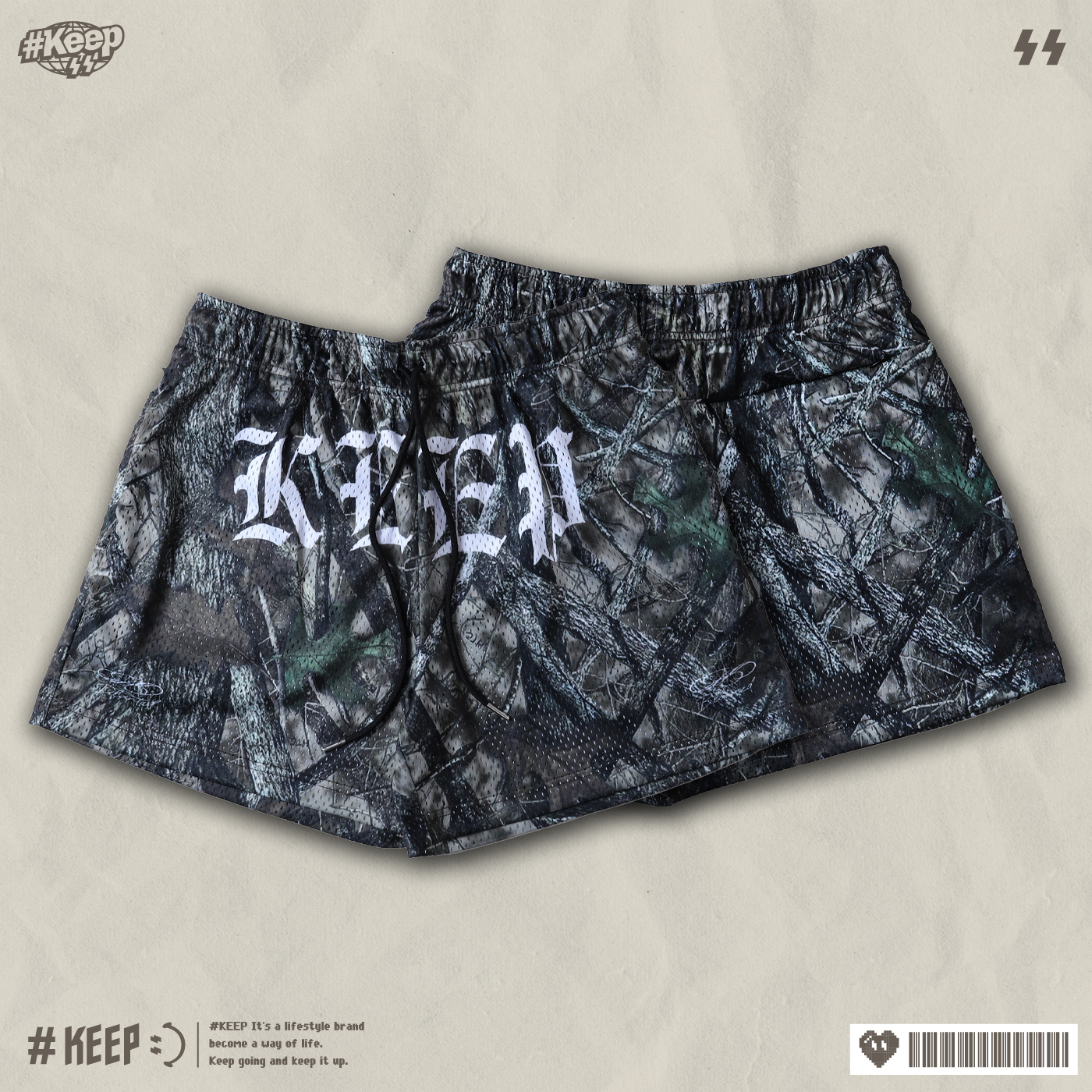#KEEP SHADOW CAMO SHORTS 黑 綠 滿版 抽繩 網眼 膝上 運動 歌德 黑影 落葉 短褲 球褲【KS351】ABshorts LUKA