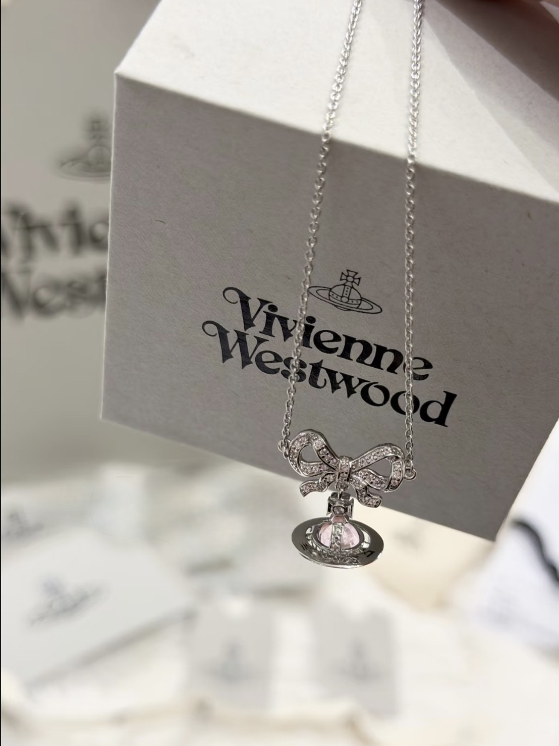VIVIENNE WESTWOOD 西太后 OCTAVIE 蝴蝶結 粉鑽 透明球土星 球體 銀 項鍊