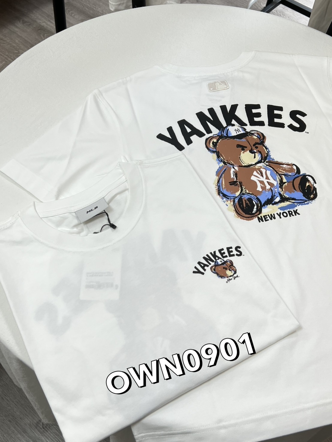 【OWN】MLB Korea 短袖 上衣 休閒 落肩 圓領 大LOGO 街頭 塗鴉 熊熊 短TEE 不分男女 NY 洋基 白色