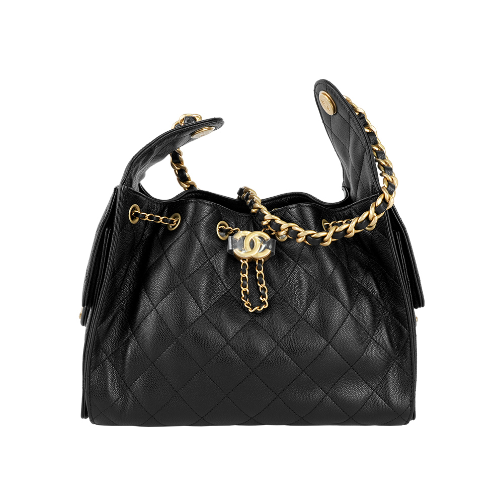 【CHANEL】Chanel 25 CC Logo 金色標誌小牛皮小款肩背包(黑色)