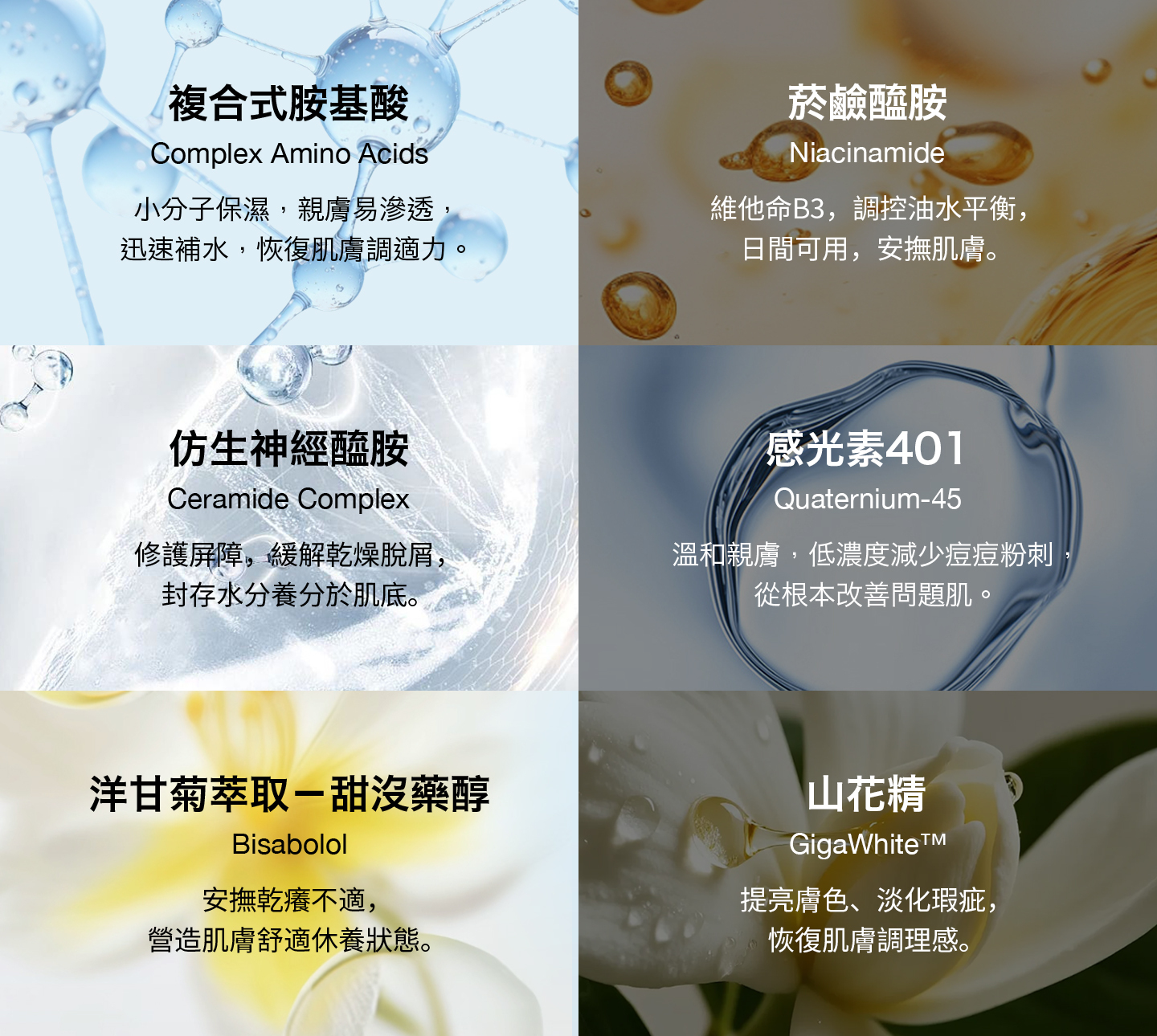 nomel 24hr飽水精華與10%B3油水平衡精華成分比較，胺基酸保濕配方與菸鹼醯胺控油配方對照