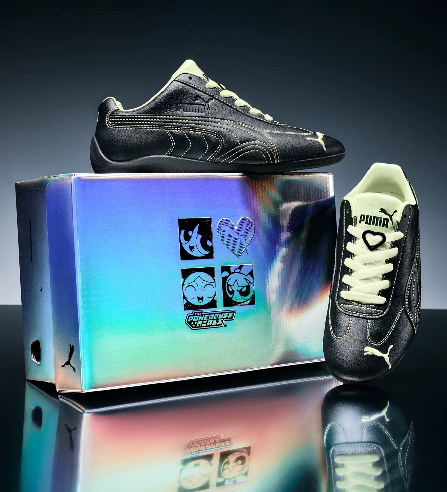 女鞋 PUMA X THE POWERPUFF GIRLS SPEEDCAT 飛天小女警 黑綠 毛毛 聯名 復古 休閒 賽車鞋【408101-01】