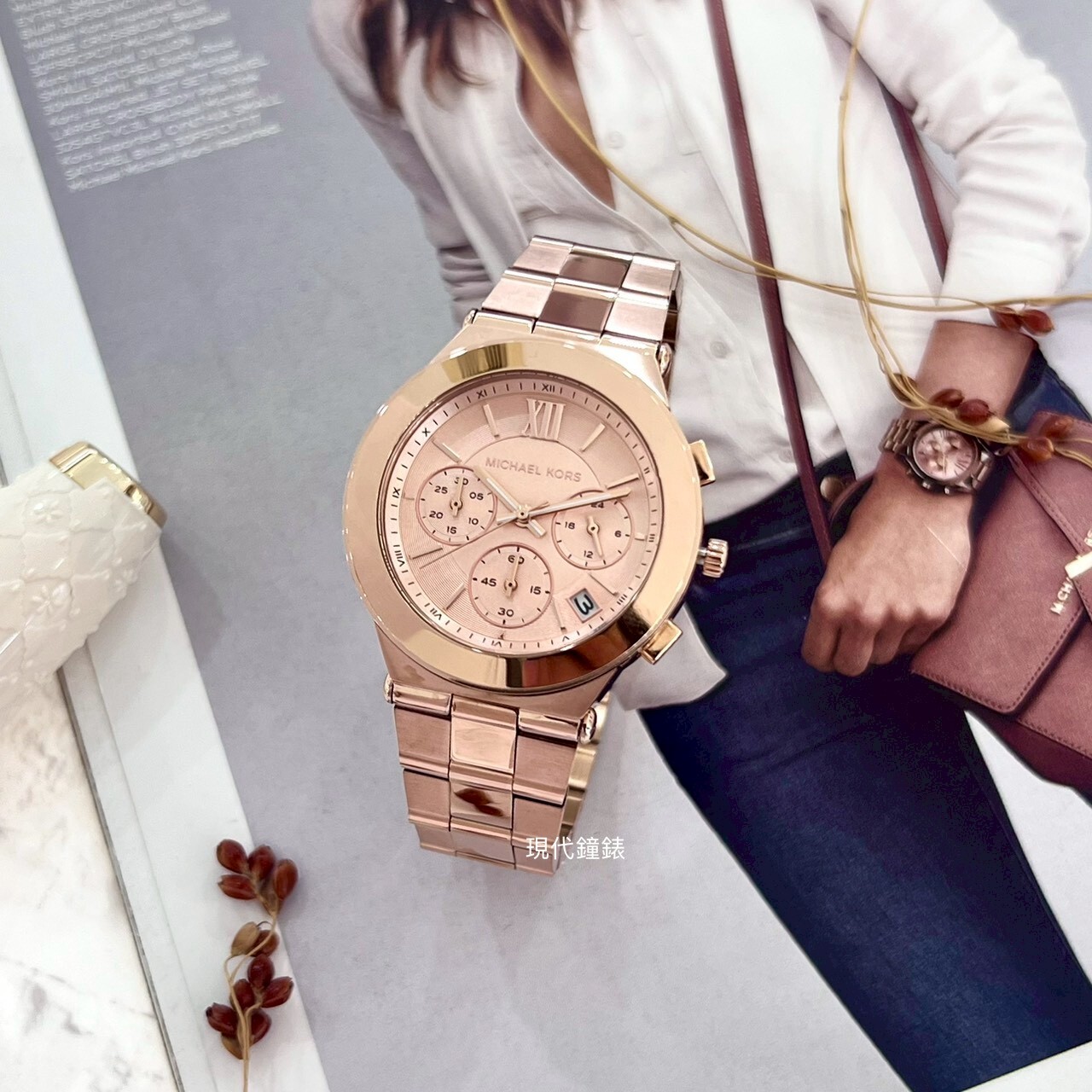 【MICHAEL KORS】玫瑰竹影三眼腕錶MK7604 37mm 現代鐘錶