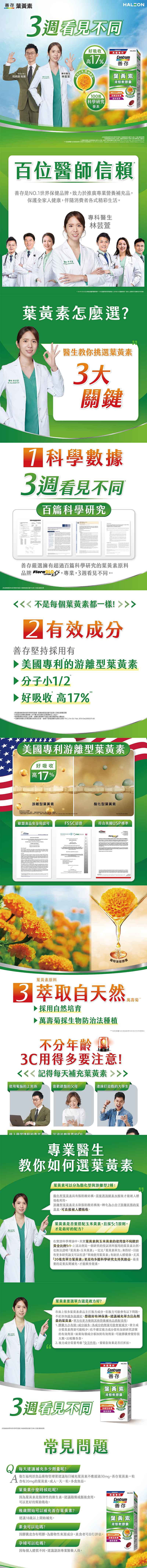 萬壽菊萃取游離型葉黃素與一般酯化型分子量好吸收對比圖，善存葉黃素科學實證3週看見不同晶亮感數據圖，液態軟膠囊迷你尺寸與易吞嚥設計特色說明