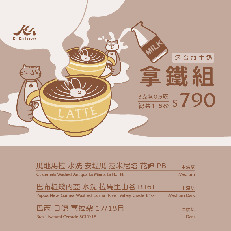 The Lattes: Guatemala Washed La Flor PB, Papua New Guinea Washed Lamari River Valley, Brazil, total 24oz