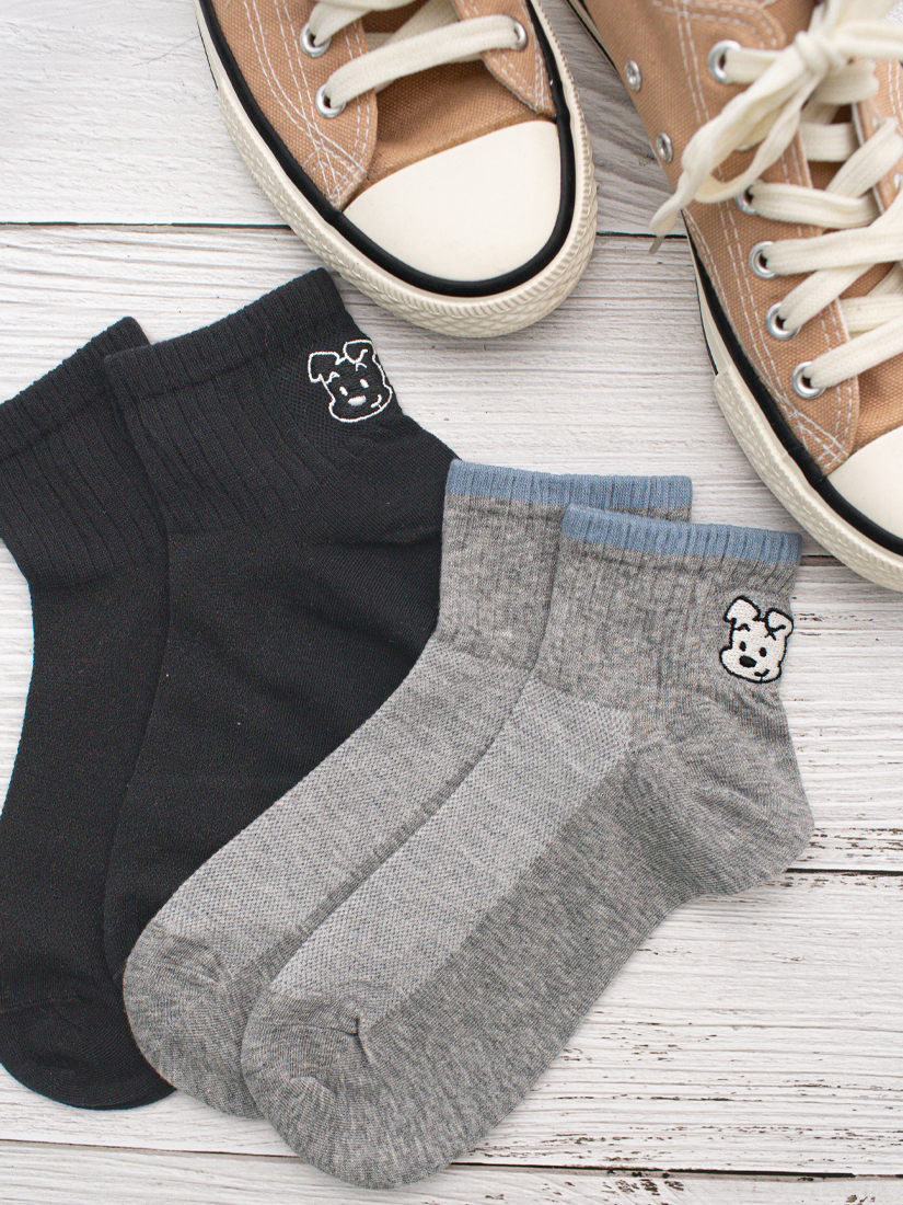 狗狗繡花配色網眼短襪