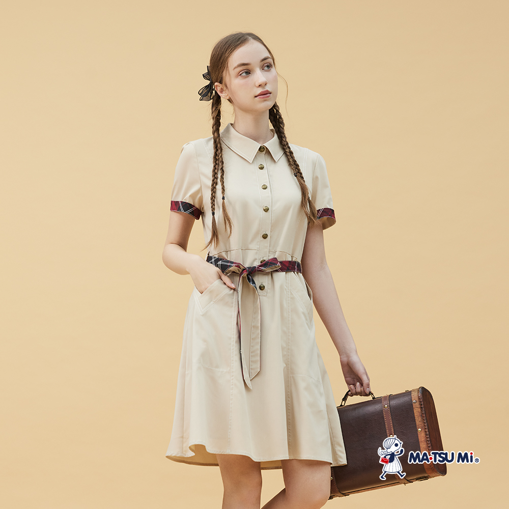MA‧TSU Mi 翻領開襟拼接格收腰修身洋裝(深藍.卡其)