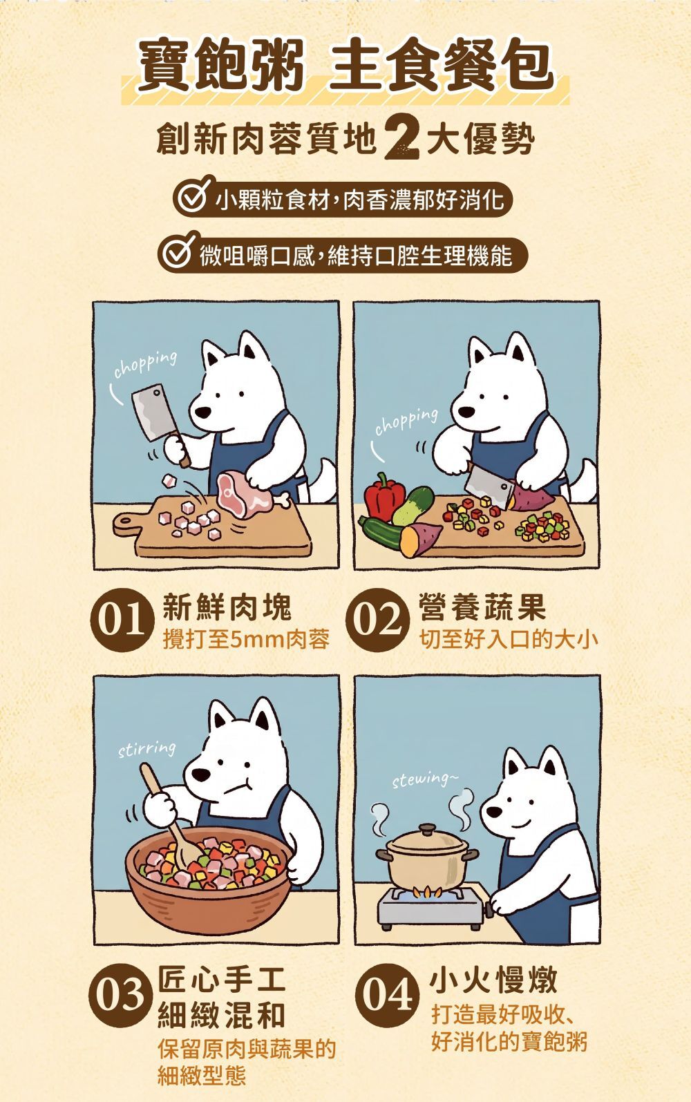 創新肉蓉質地兩大優勢，小顆粒食材，肉香十足好消化，肉蓉僅5mm，牙口友善首選