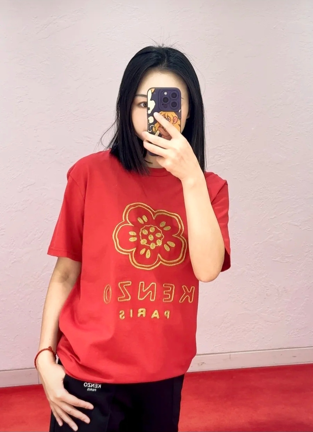 KENZO 紅色 併 金色刺繡海棠花 Tee
