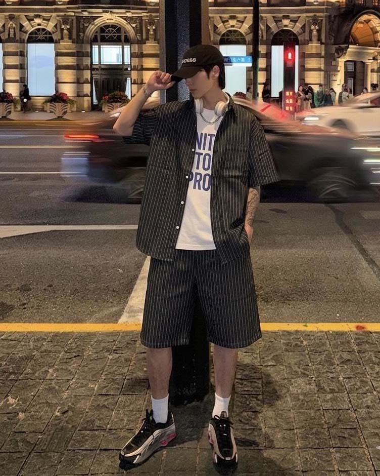 #99096 單寧條紋套裝 黑色 男生穿搭照