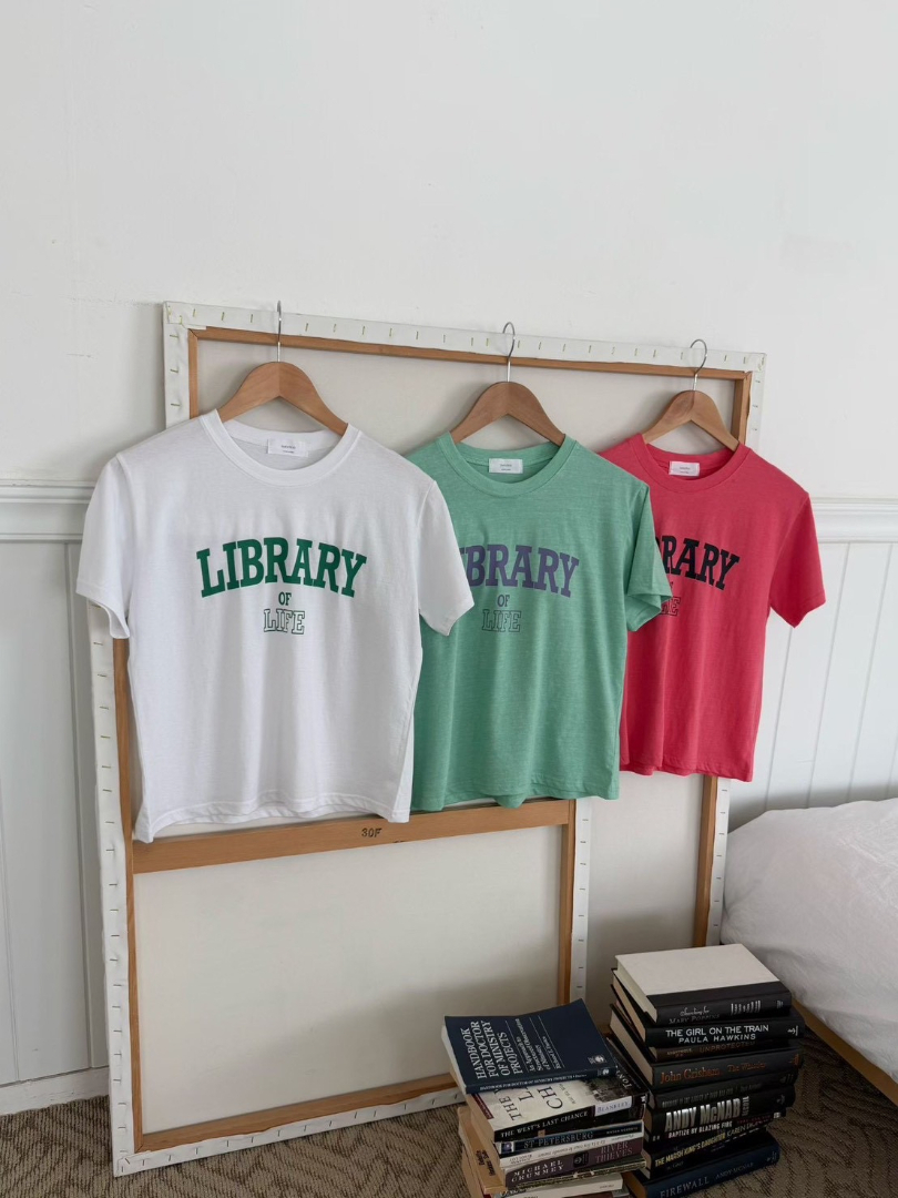 LIBRARY字母印花休閒系列★復古學院風寬鬆短袖棉T