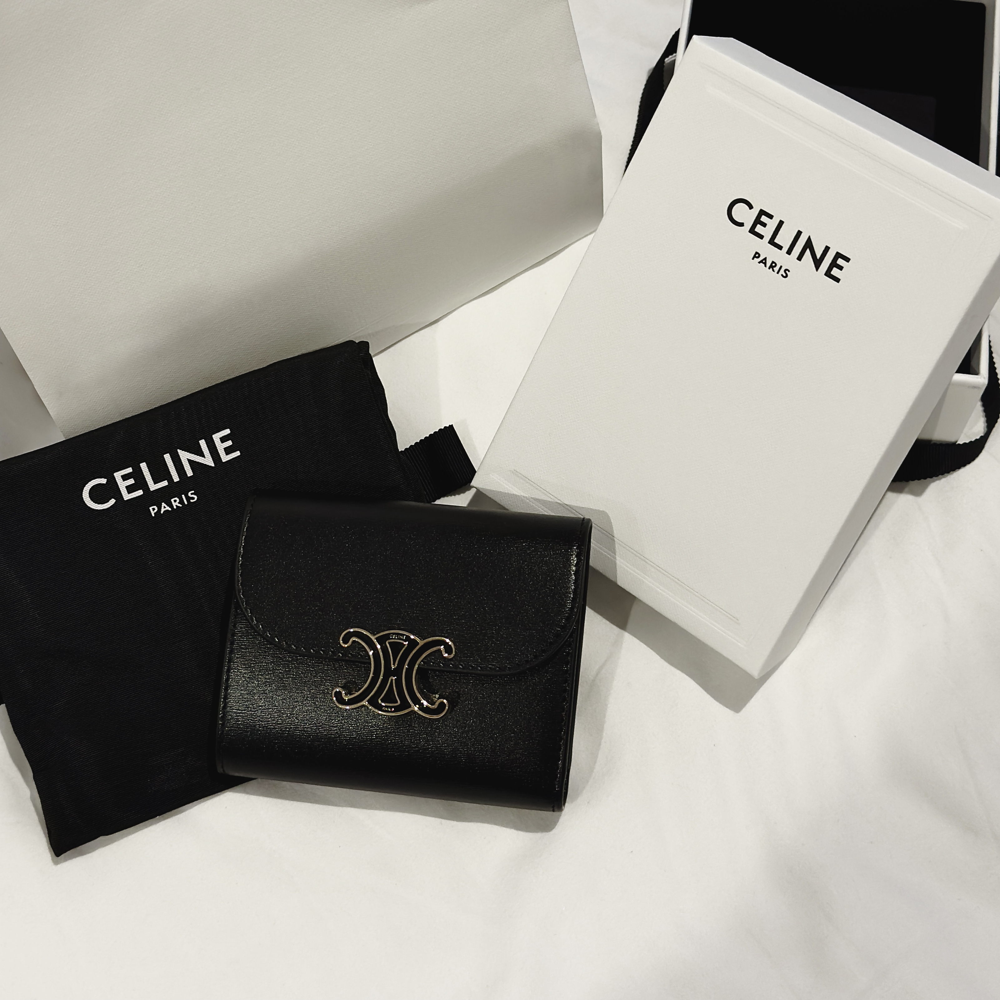 -(C018)-CELINE FLAT SMALL WALLET TRIOMPHE 小牛皮 短夾 皮夾 錢包 黑金釦