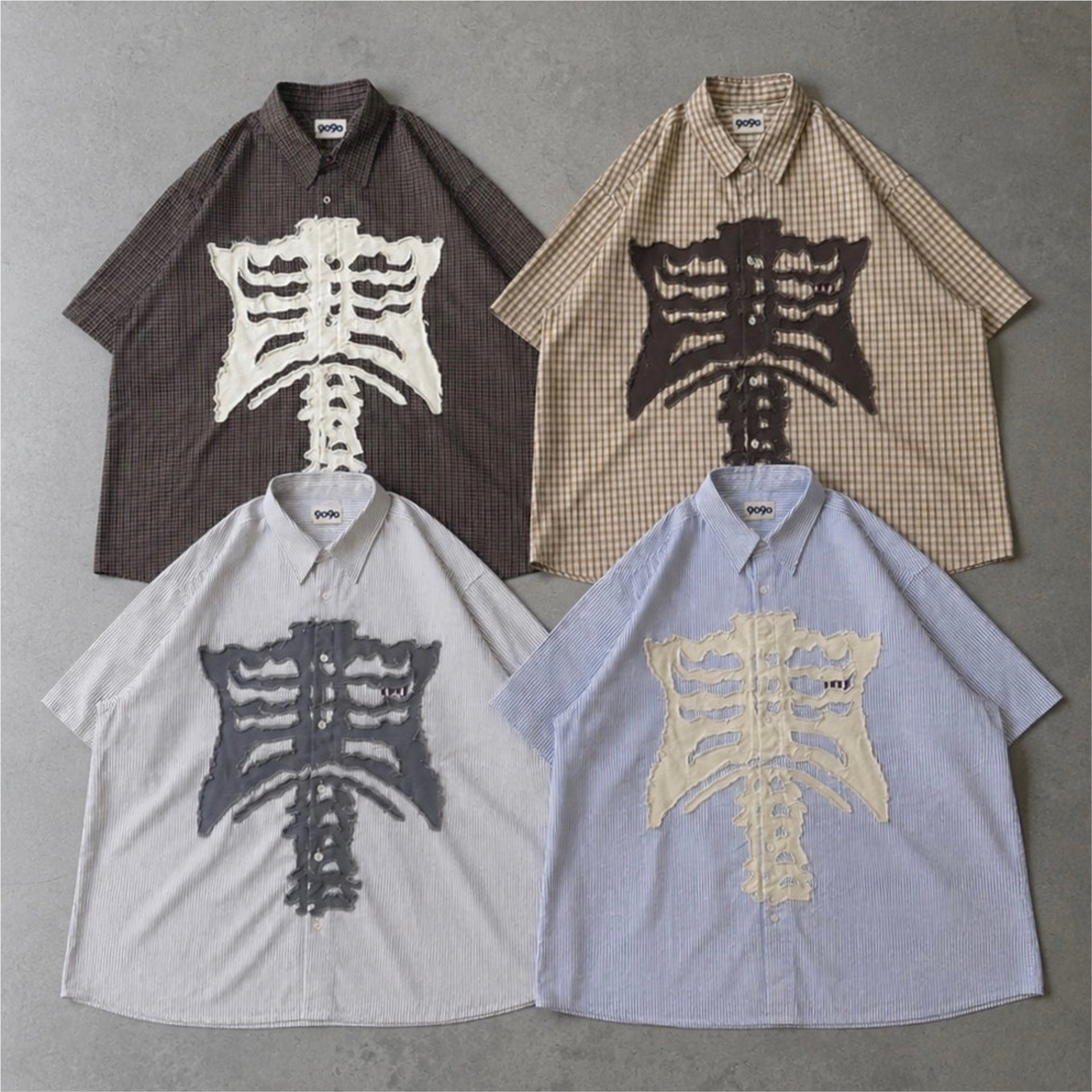 2026SS 9090 Bone Stripe S/S Shirt Y2K 破壞 骨頭 格紋 短袖 襯衫 現貨 NN2298
