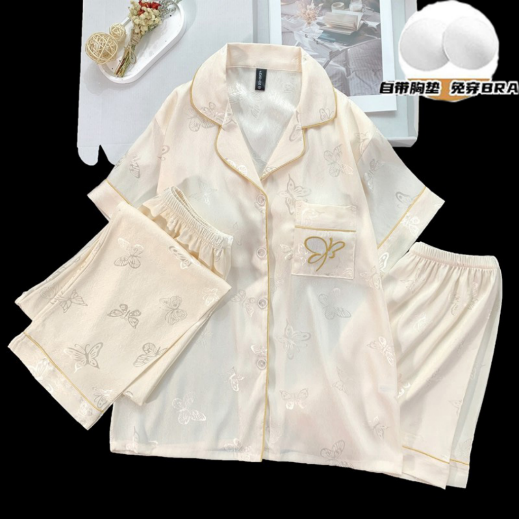 HKCG0605-106 DYH41-高端絲綢之路蝶變三件套睡衣 香檳刺繡蝴蝶 (A106M-2XL)