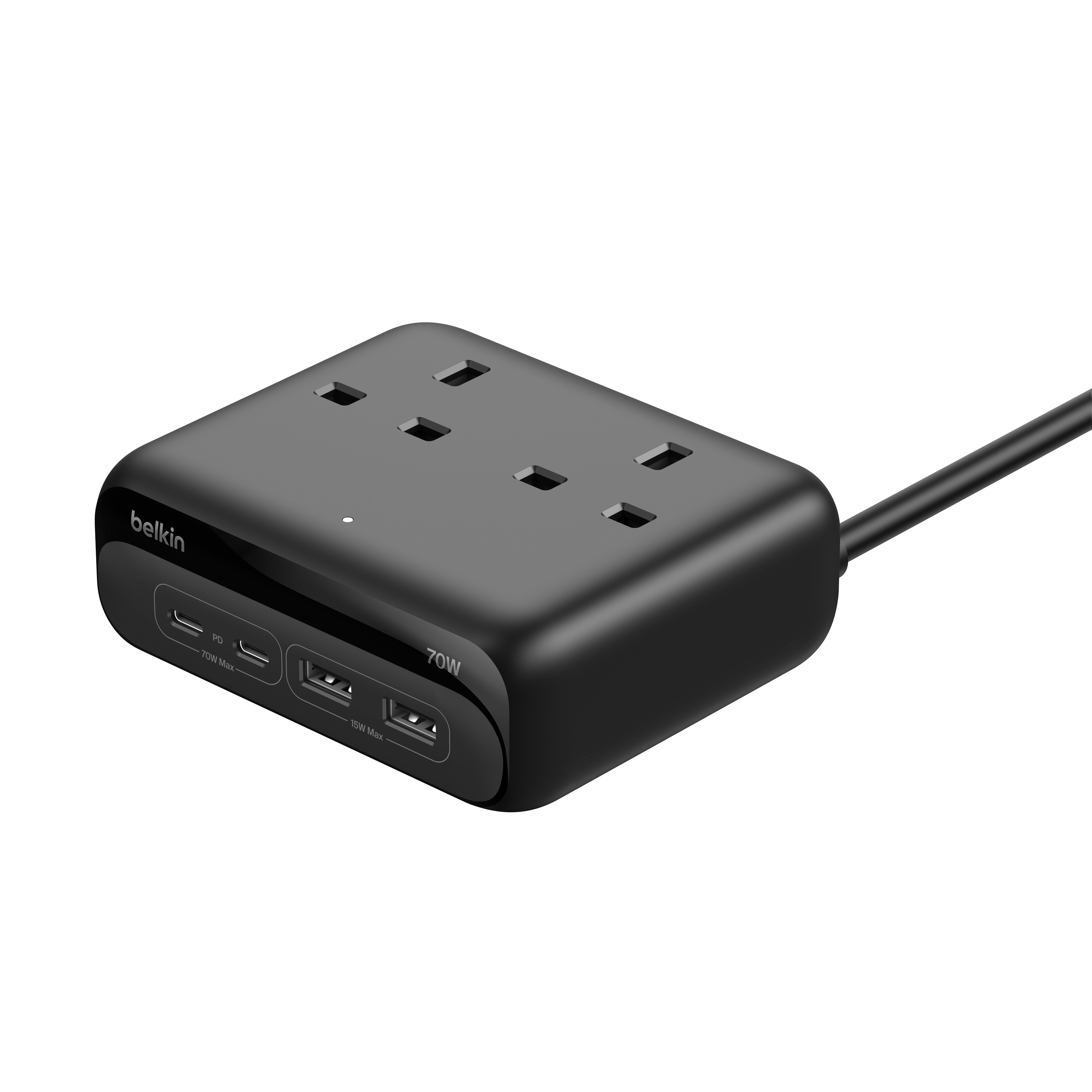 6合1 GaN 多功能充電座 70W (2 個 USB-C, 2 個USB-A, 2 位插座)