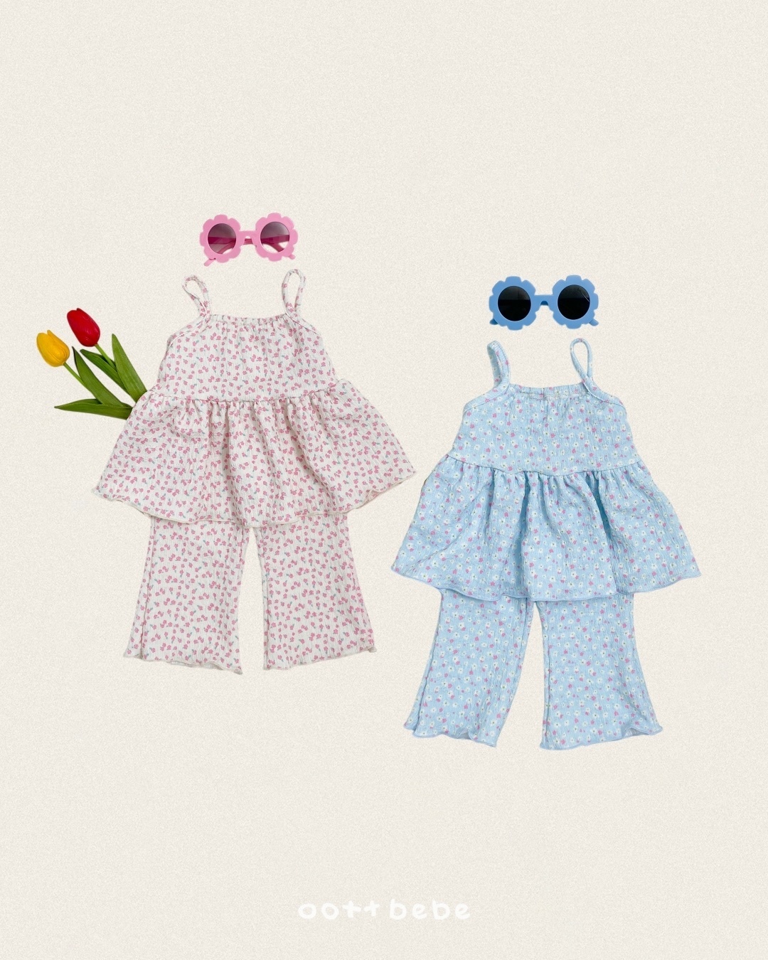 Oott Bebe Peach Flower Sleeveless Set