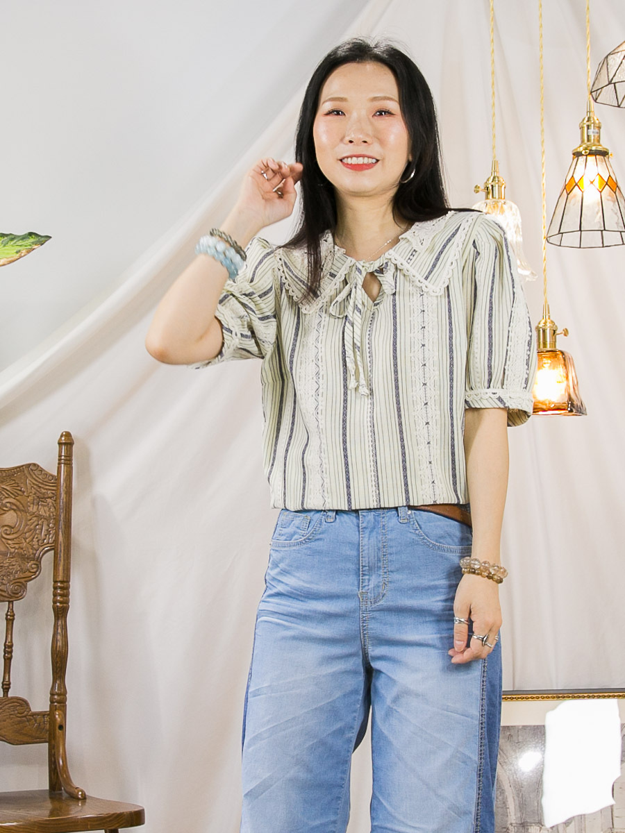 【5/6-7/6限時優惠】反領位LACE．直紋 LACE刺繡．麻棉料TOP