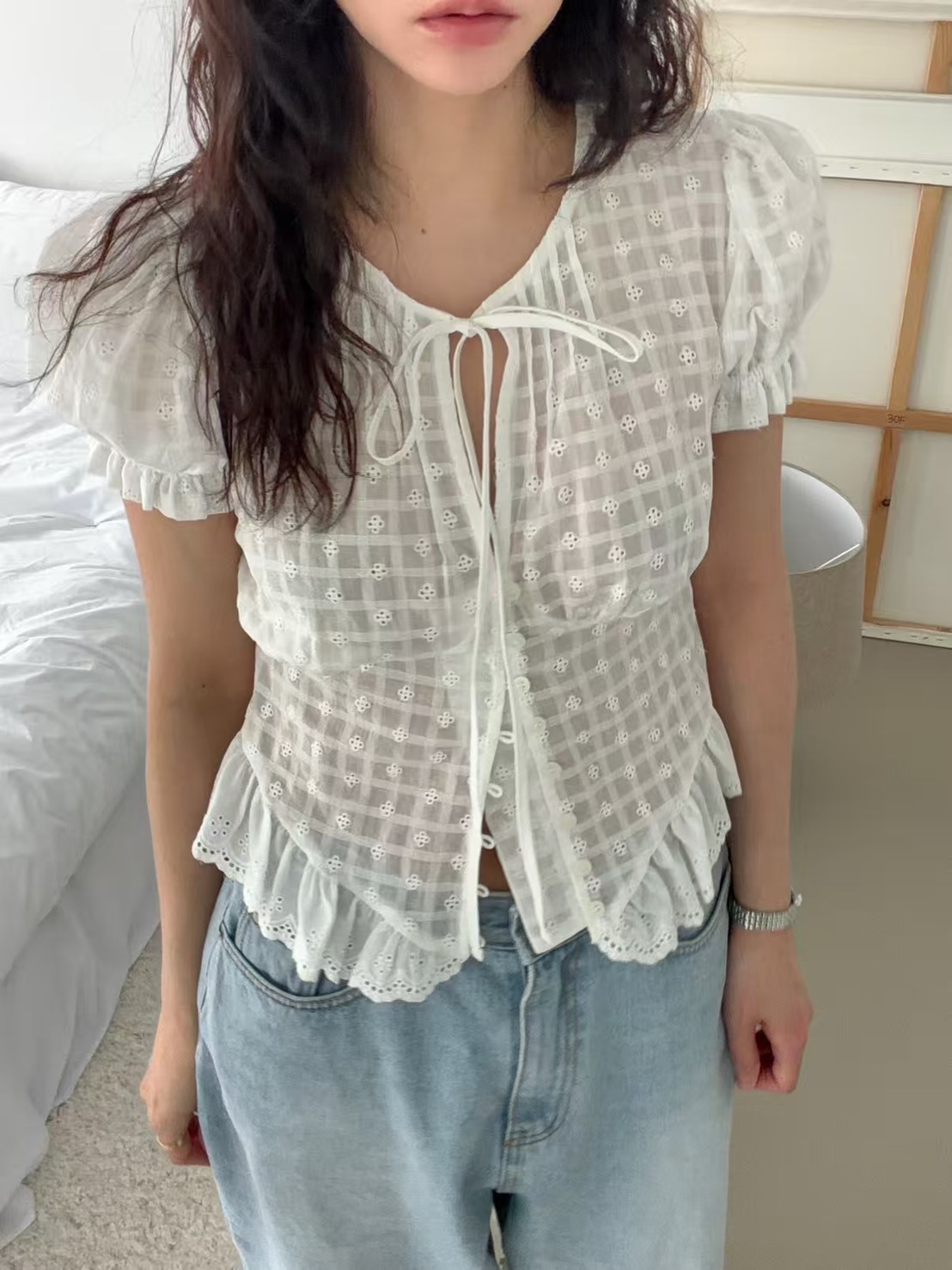 格紗綁結襯衫