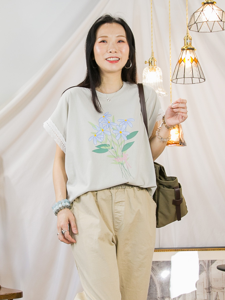 【5/6-7/6限時優惠】袖口LACE．花花PRINT．COTTON料TOP