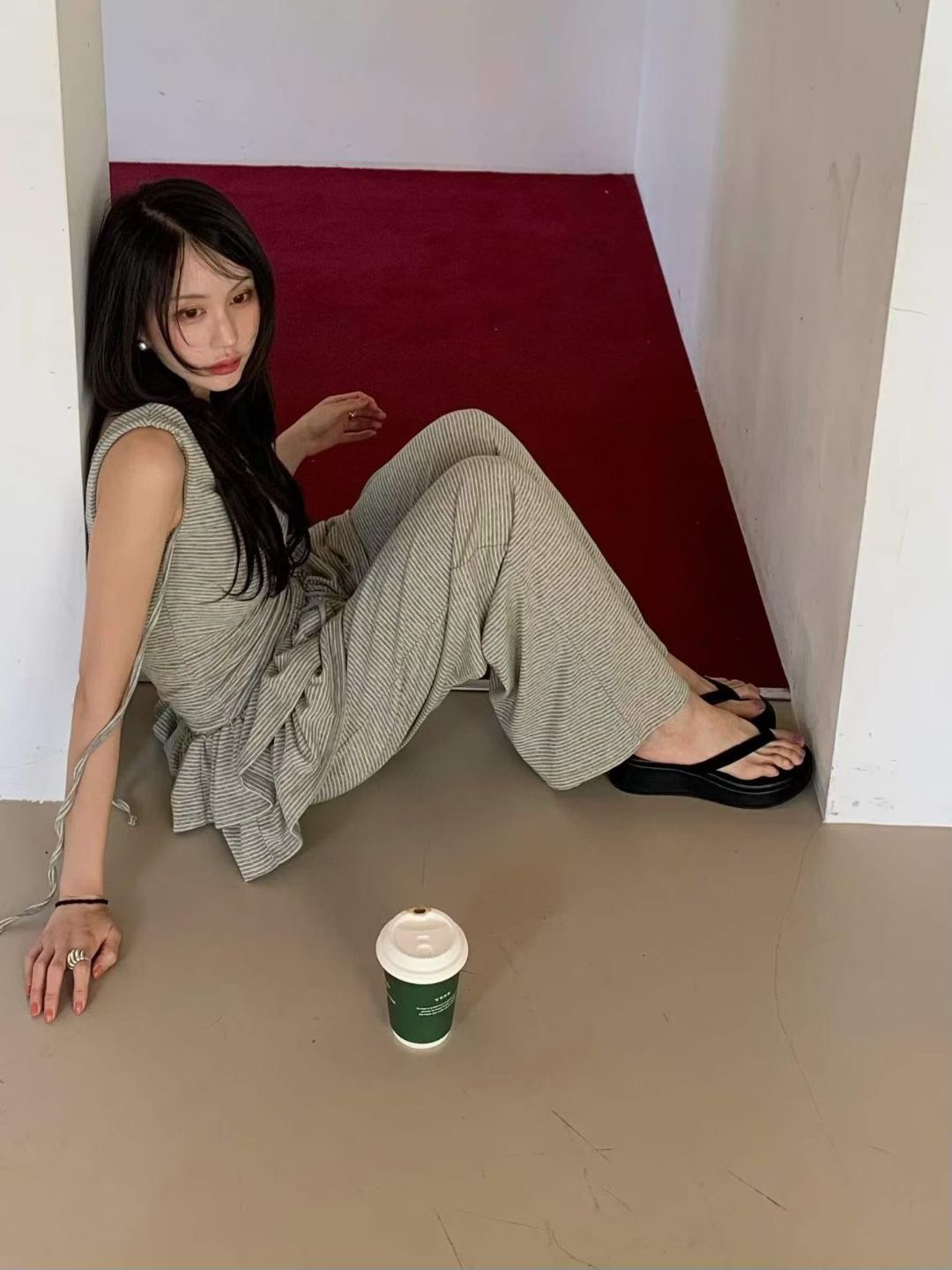 橫條側綁背心  荷葉裙襬休閒長褲(分售)