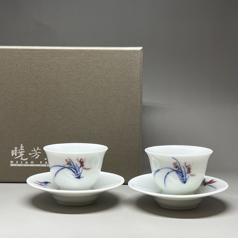 茶香自在】曉芳窯蔡曉芳大師青花釉裡紅手繪蘭草茶杯加茶托對杯禮盒裝