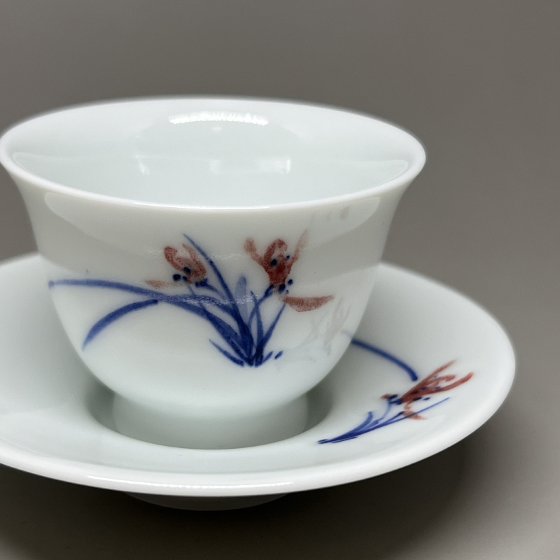 茶香自在】曉芳窯蔡曉芳大師青花釉裡紅手繪蘭草茶杯加茶托對杯禮盒裝