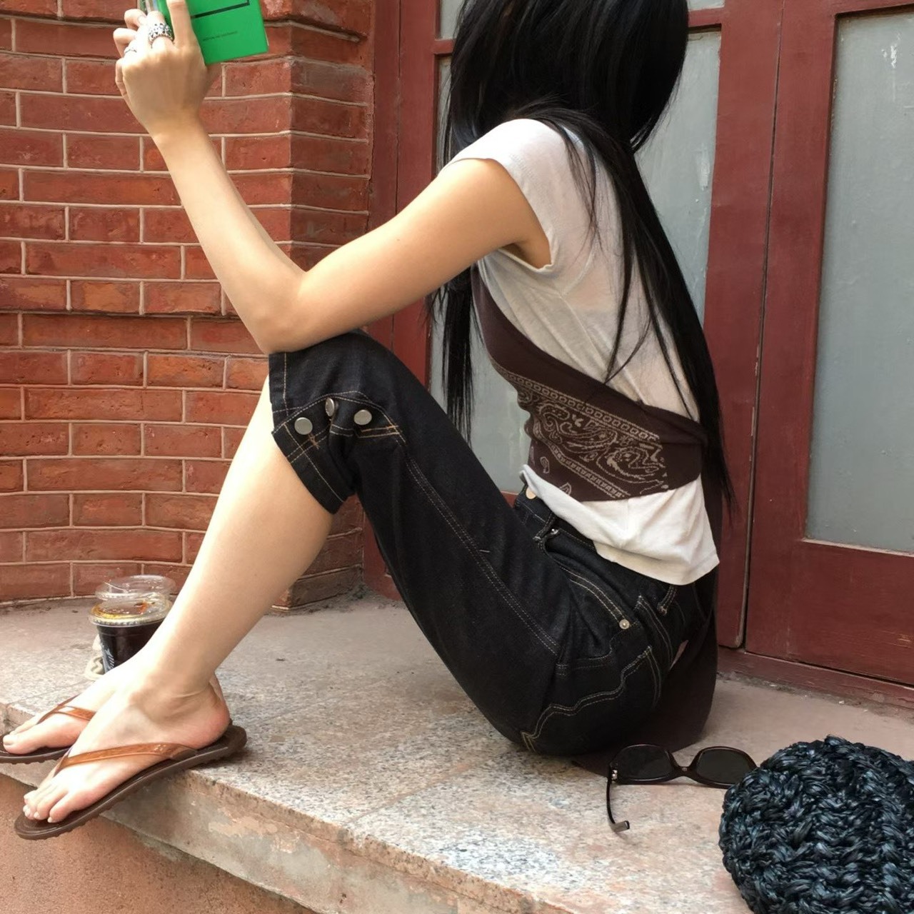 三褲腳釦七分牛仔褲