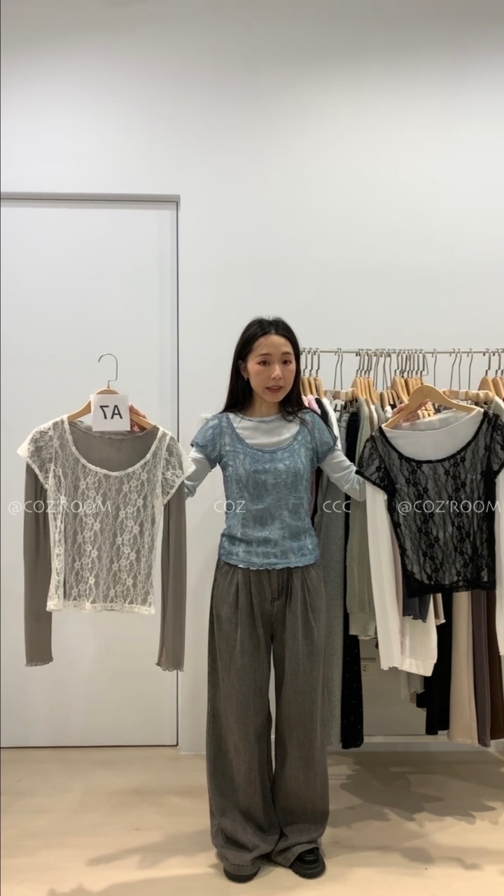 (1+1) 捲邊透膚打底衣+蕾絲Tee SET _2838