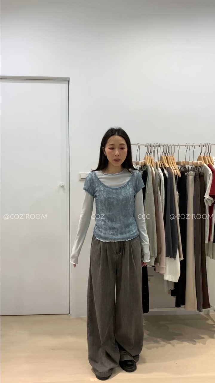 (1+1) 捲邊透膚打底衣+蕾絲Tee SET _2838