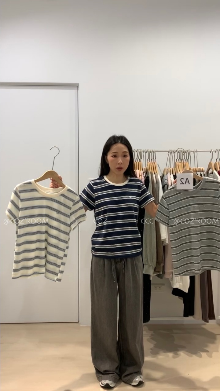 基礎款細條配色小標棉織上衣Tee _9016