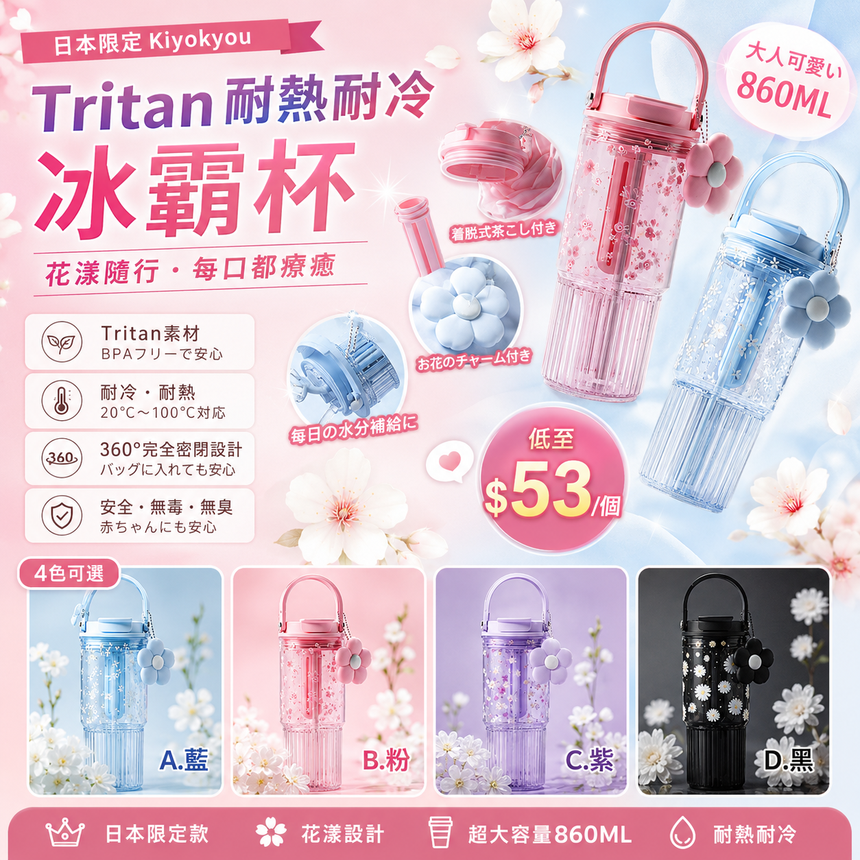 【UB9567】日本限定Kiyokyou Tritan耐熱耐冷冰霸杯 860ml (連花花扣)