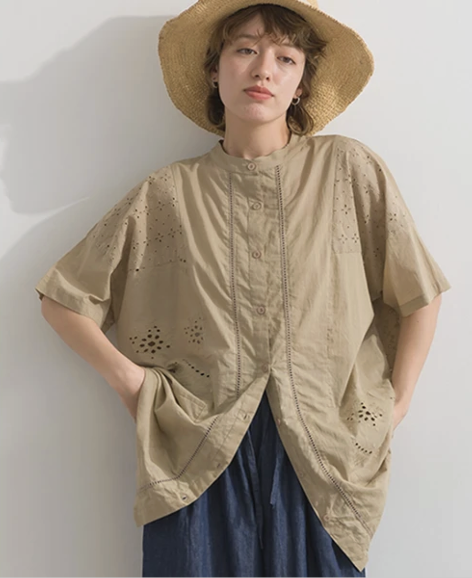 ｛預訂款｝純棉刺繡拼接蕾絲短袖襯衫（三色入）【日本直送】