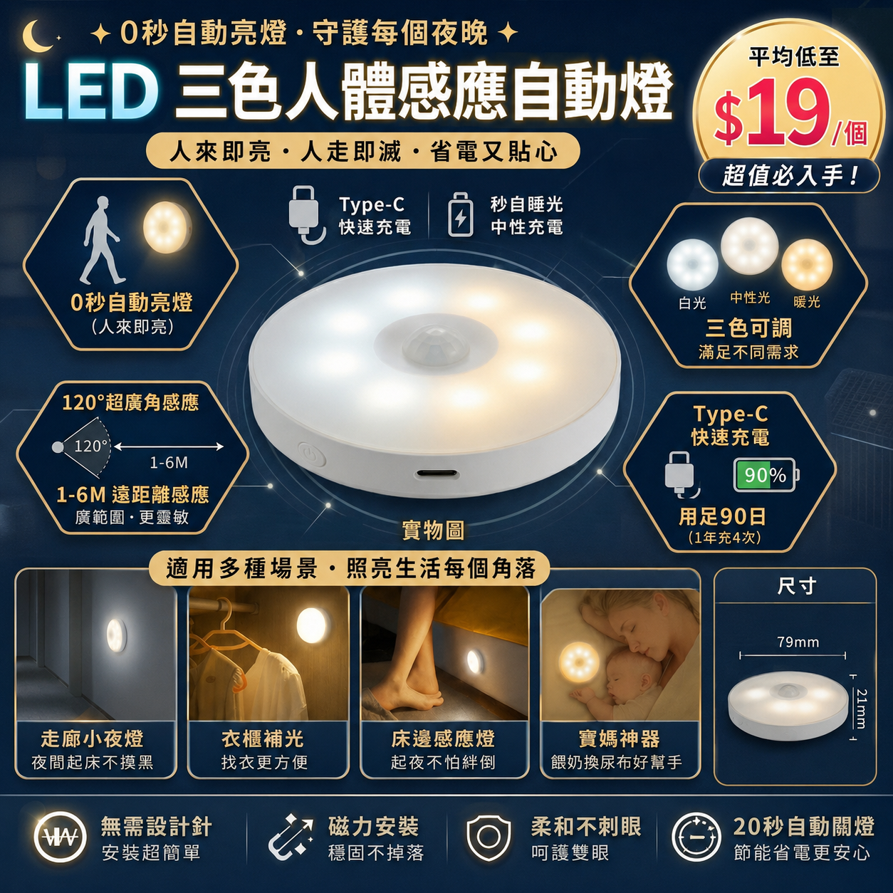 【UB9569】LED三色人體感應自動燈 (1套2個)