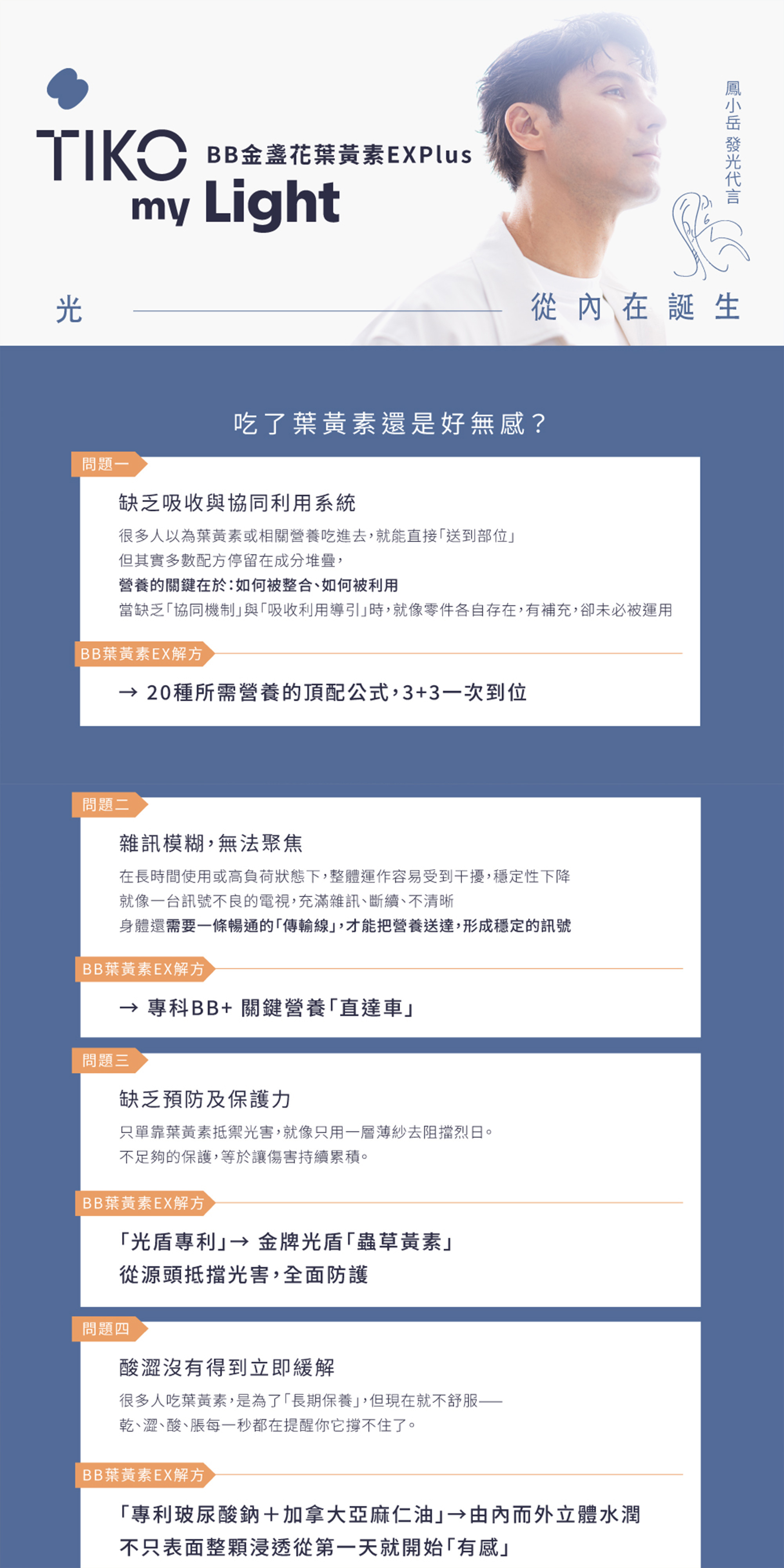 鳳小岳代言 TIKO BB葉黃素EX Plus，直擊吃營養品無感痛點。針對缺乏吸收與協同利用系統，以 20 種頂配公式帶來有感一次到位。